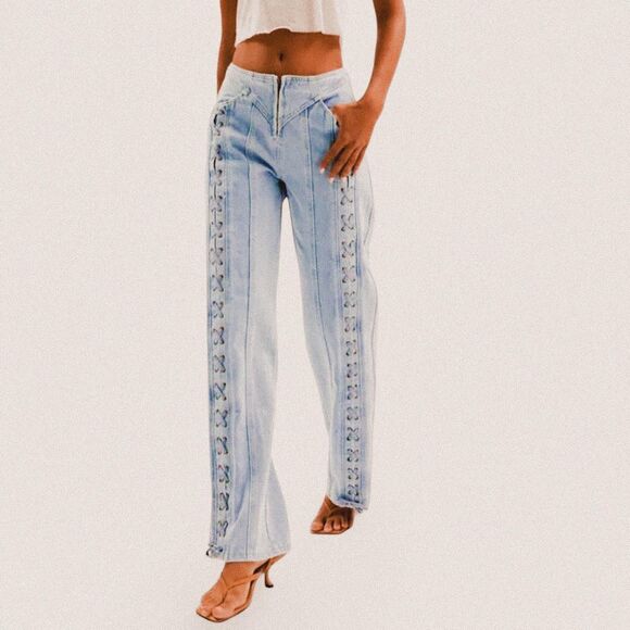 Lioness Daydream Lace-Up Grommet Jeans – Light Wash Y2K Statement Denim (Size M) - Picture 1 of 8